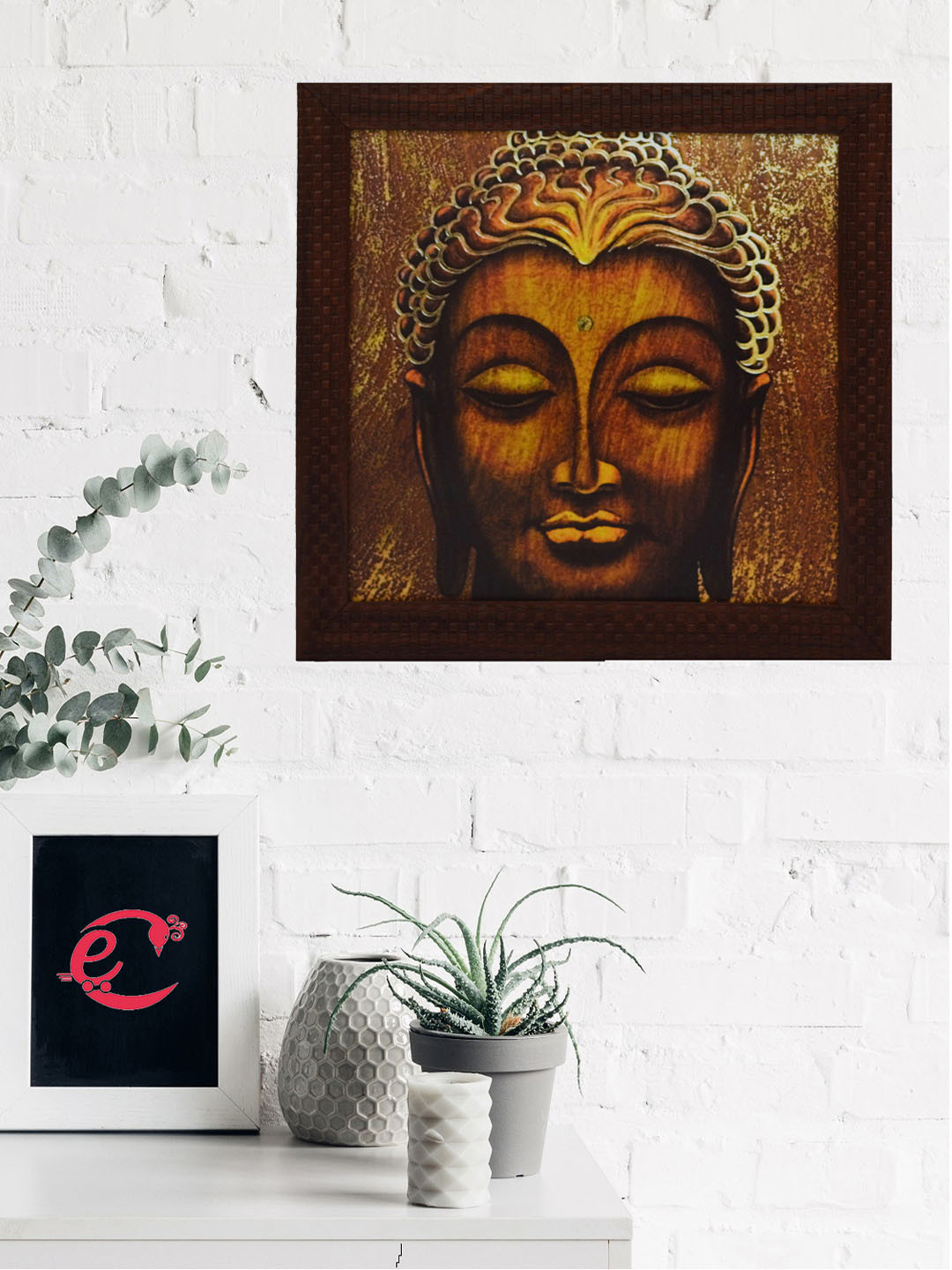 eCraftIndia Brown Spritual Buddha Head Satin Matt Texture UV Wall Art