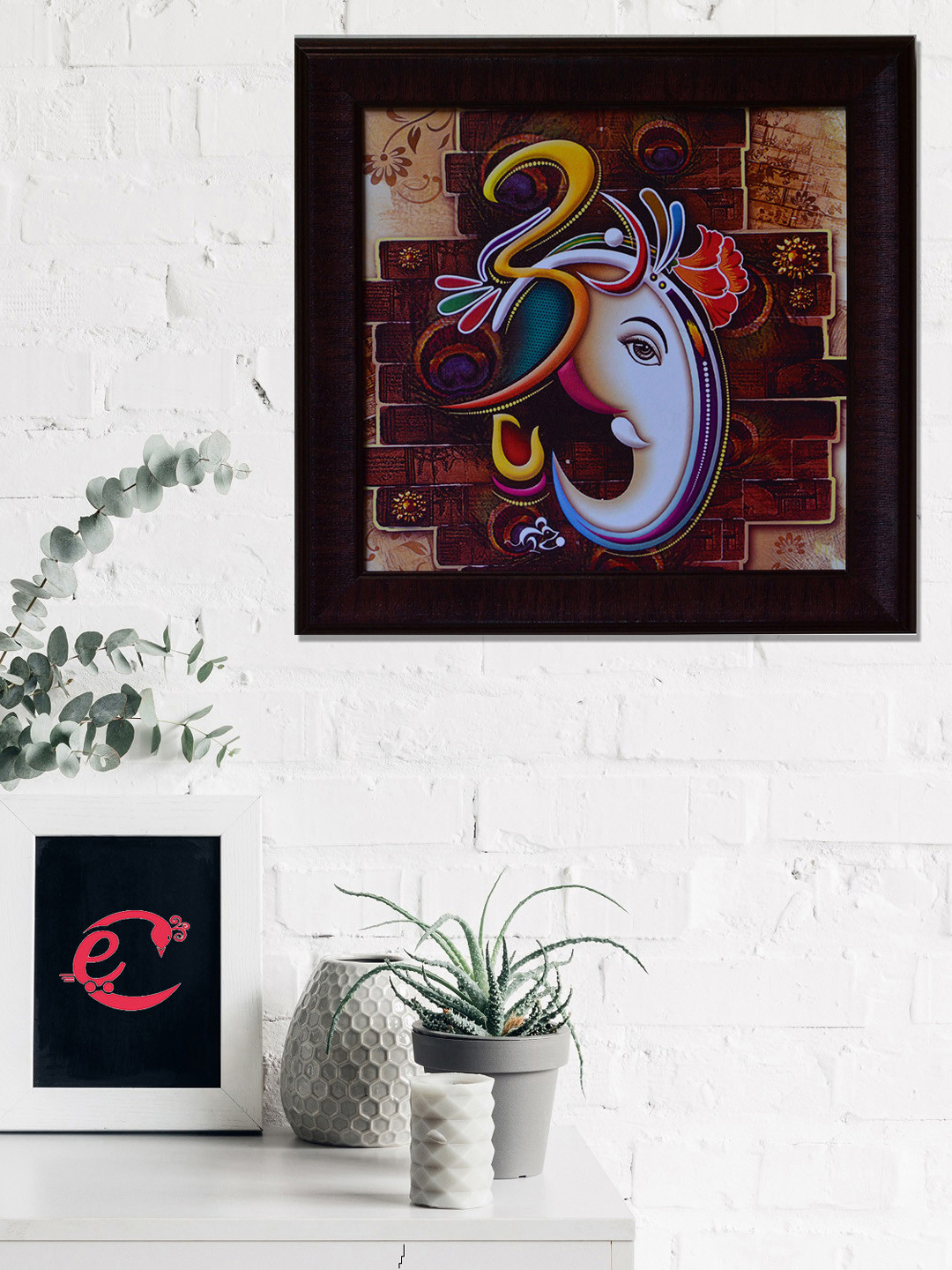 eCraftIndia Brown & Blue Om Ganesha Satin Matt Texture UV Wall Art