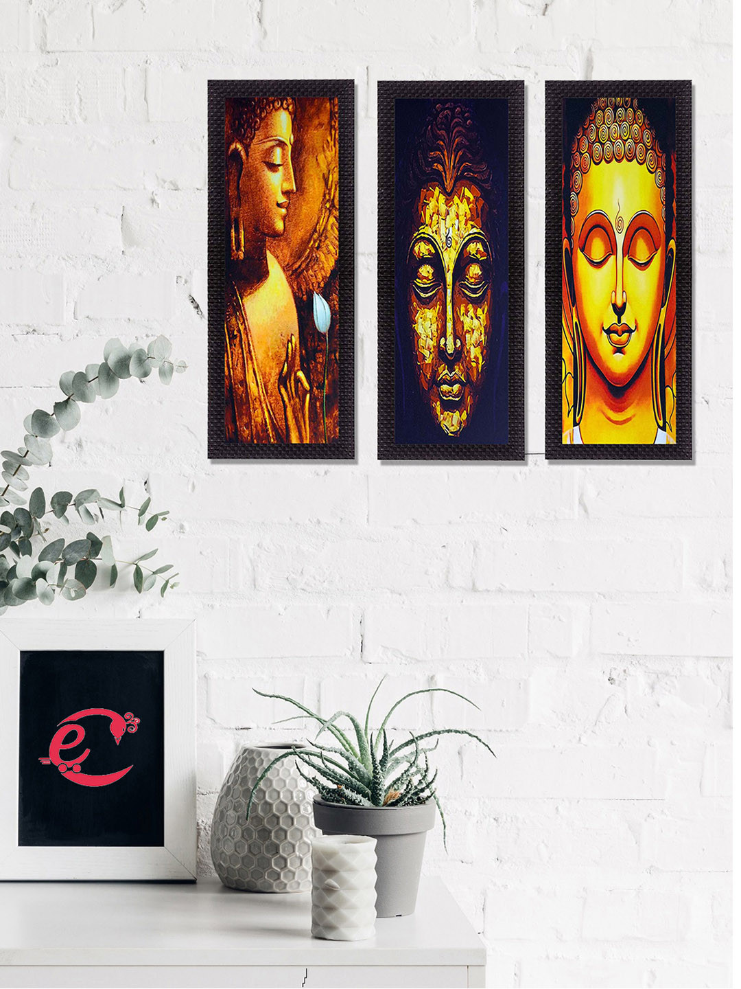eCraftIndia Set Of 3 Gold-Toned & Blue Lord Buddha Satin Matt Texture UV Wall Art