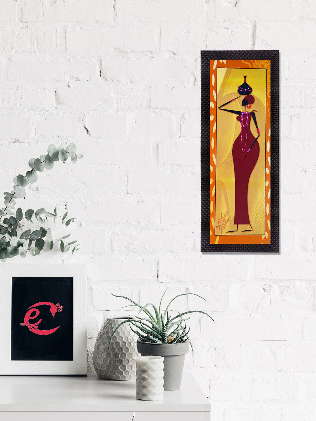 eCraftIndia Yellow & Brown Posing Woman Satin Matt Texture UV Wall Art