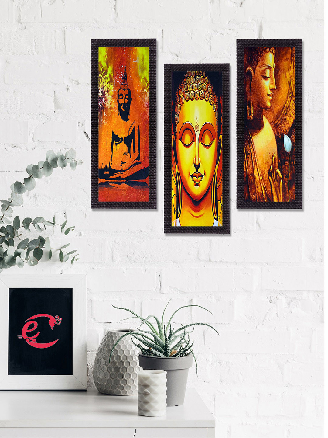 eCraftIndia Lord Buddha Paper 3-Pcs Wall Rectangle Paintings Wall Art -16x7In