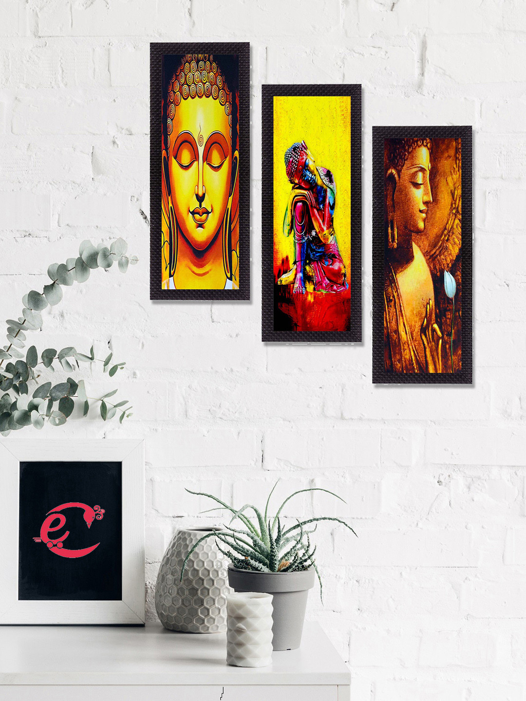 eCraftIndia Set Of 3 Yellow & Red Lord Buddha Satin Matt Texture UV Wall Art