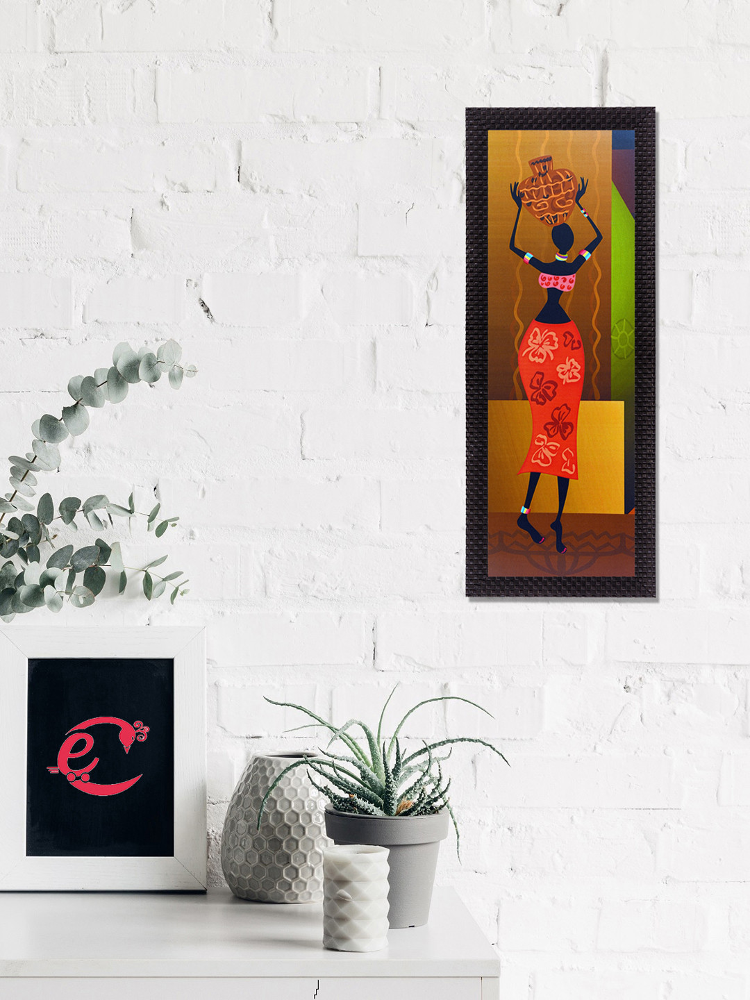 eCraftIndia Brown & Red Printed Tribal Woman With Vase Satin Matt Texture UV Wall Art