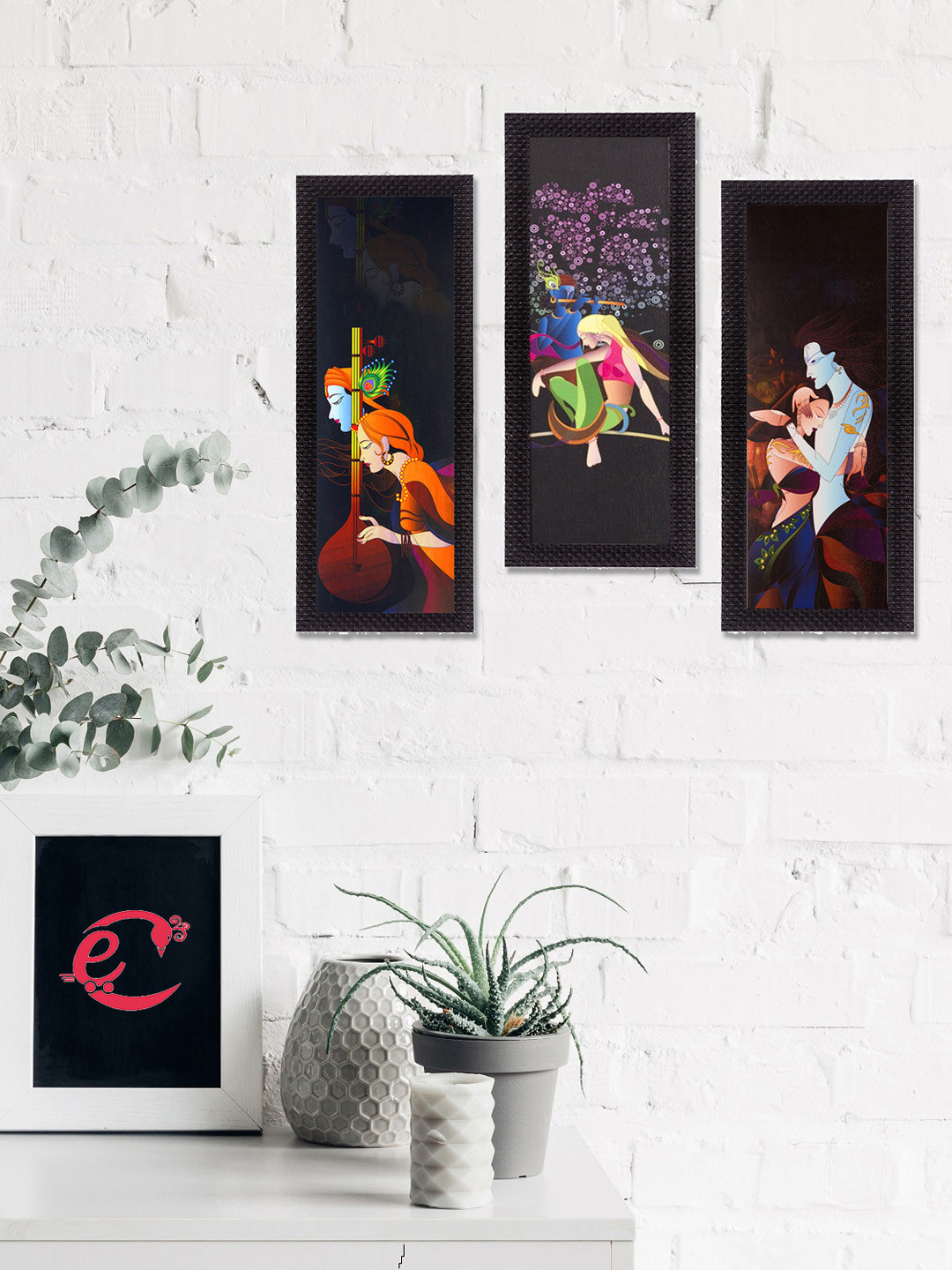 eCraftIndia Set Of 3 Grey & Orange Radha Krishna Satin Matt Texture UV Wall Art