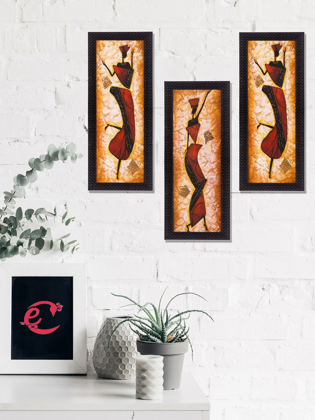eCraftIndia Set Of 3 Brown & Black Dancing Lady Satin Matt Texture UV Wall Art