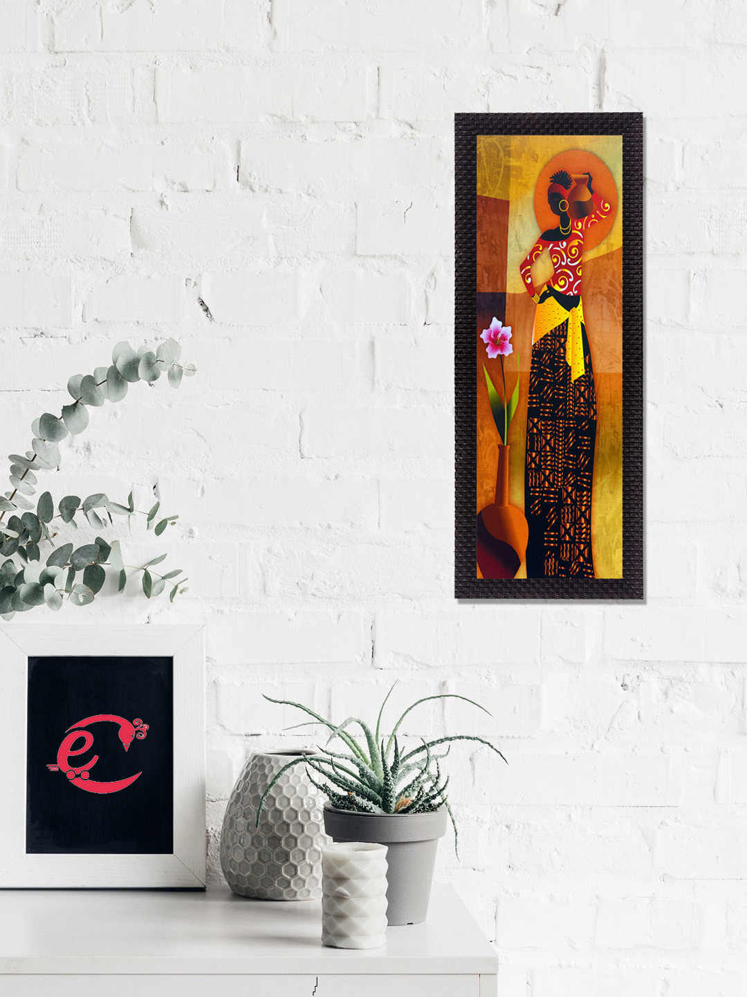eCraftIndia Orange & Black Printed Tribal Woman Posing Satin Matt Texture UV Wall Art