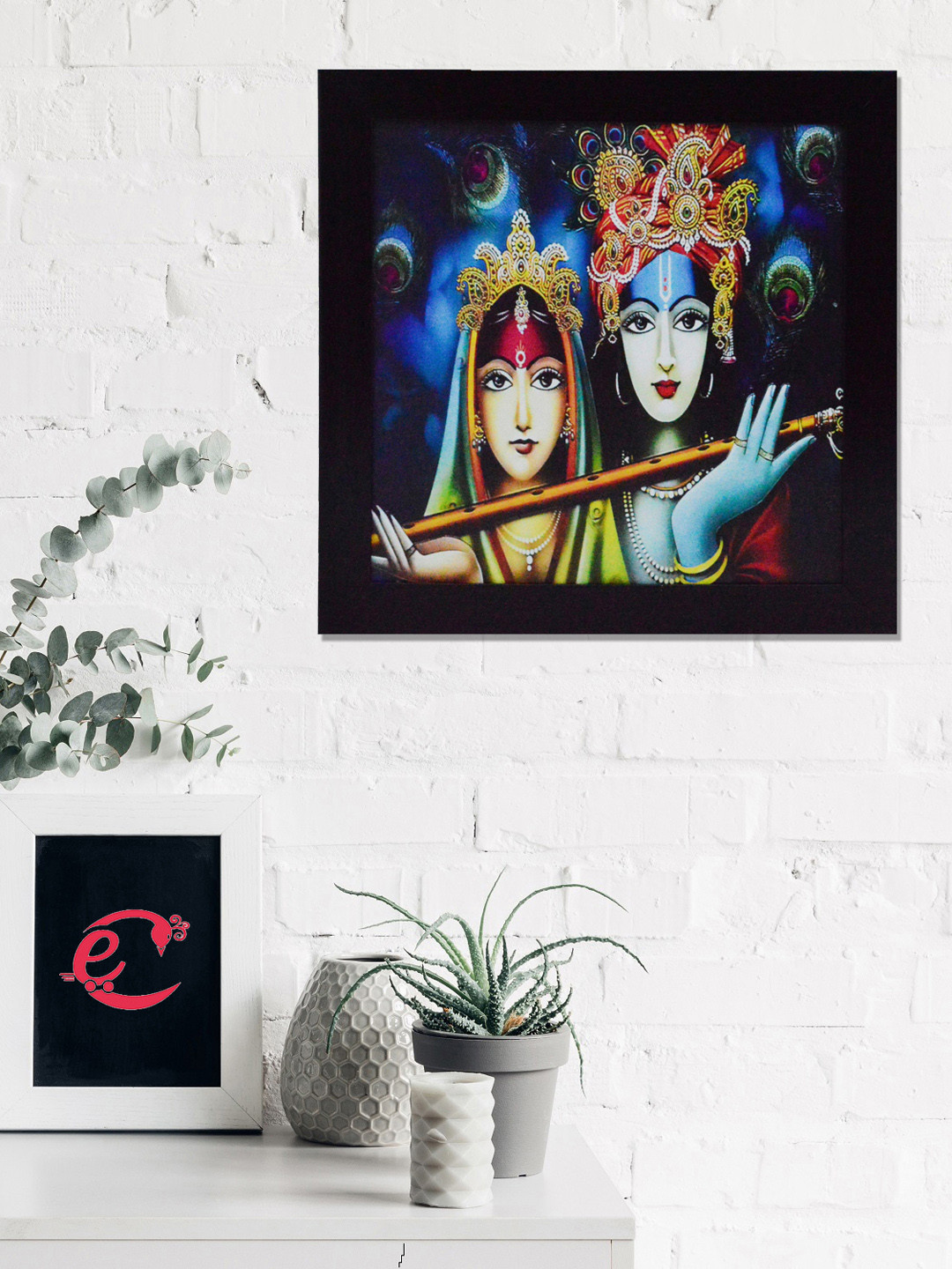 eCraftIndia Blue & Red Radha Krishna Playing Fute Satin Matt Texture UV Wall Art