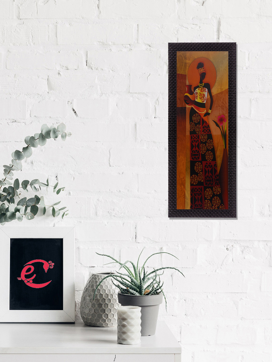 eCraftIndia Tribal Woman With Vase Paper Wall Rectangle Paintings Wall Art - 7 x 16 In