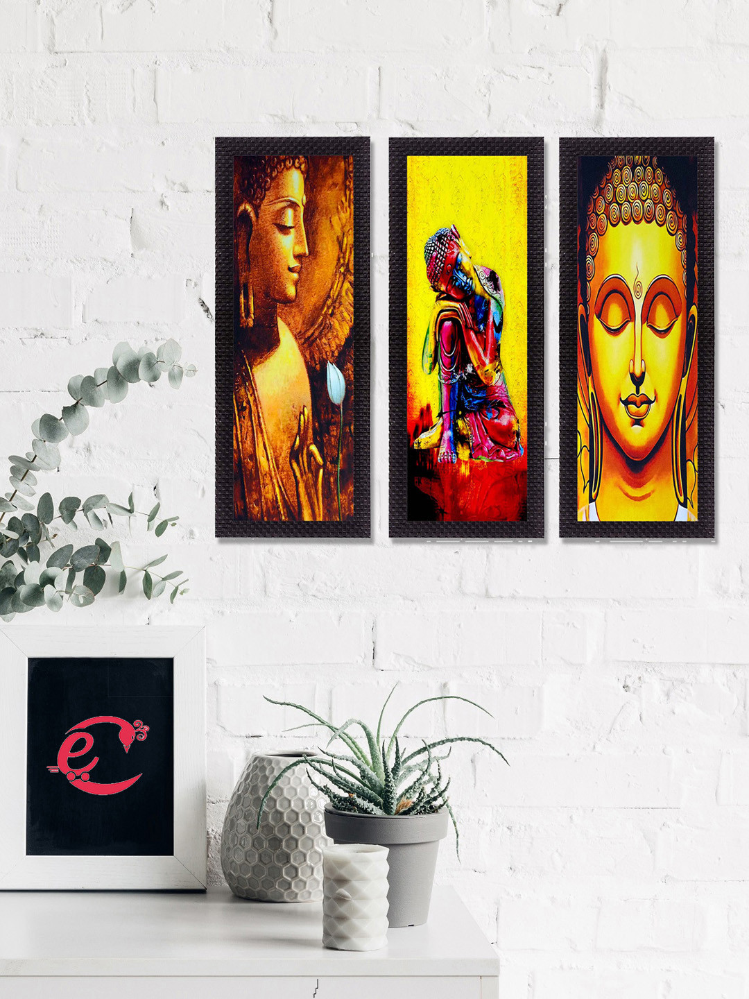 eCraftIndia Set Of 3 Yellow & Red Lord Buddha Satin Matt Texture UV Wall Art