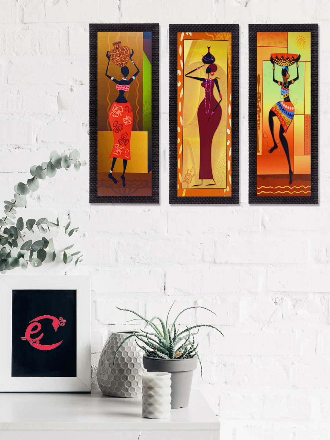 eCraftIndia Maroon & Orange 3 Pieces Tribal Ladies Satin Matt Texture UV Wall Art