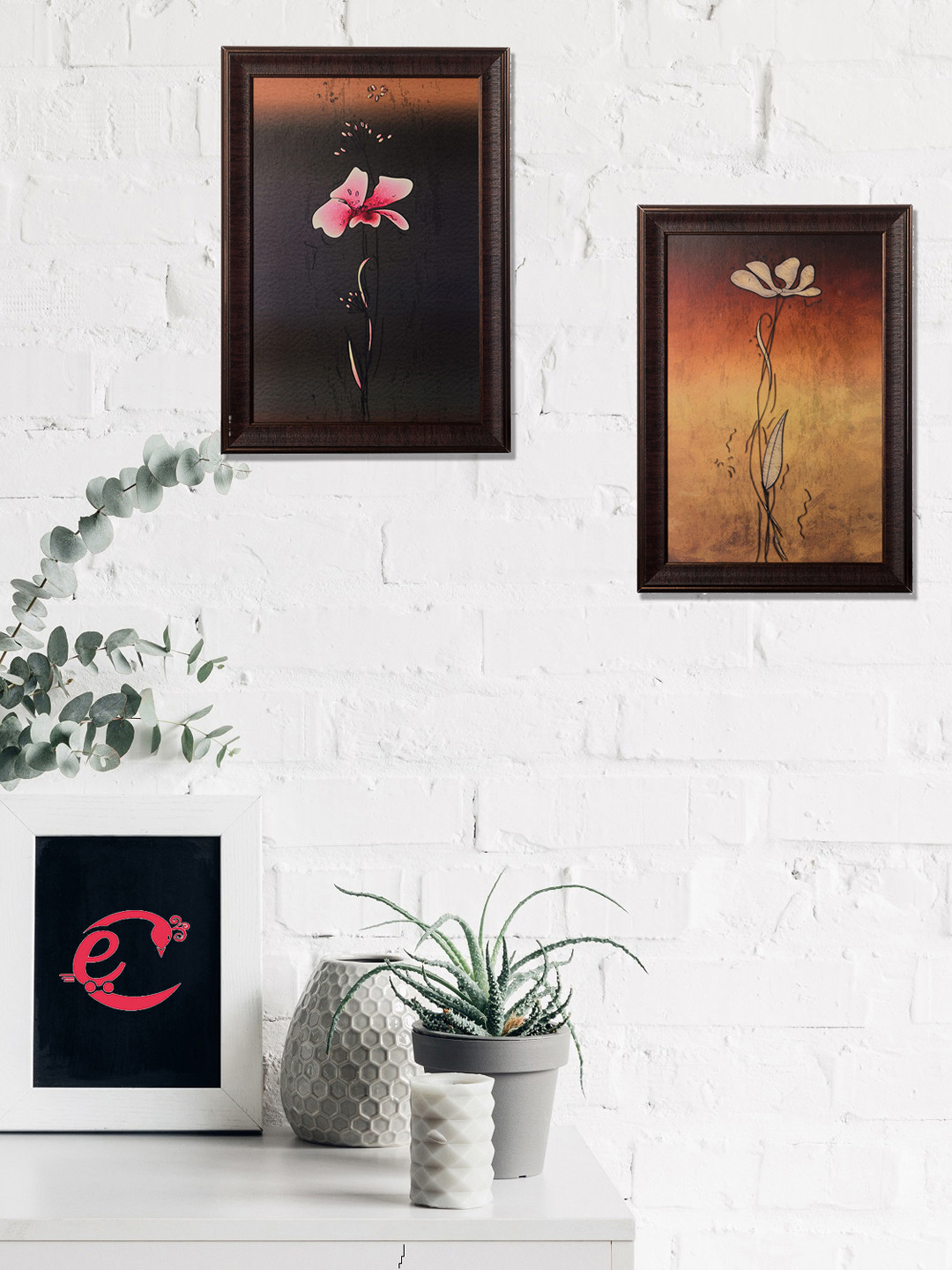 eCraftIndia Set of 2 Black & Brown Floral Printed Satin Matt Texture UV Wall Art