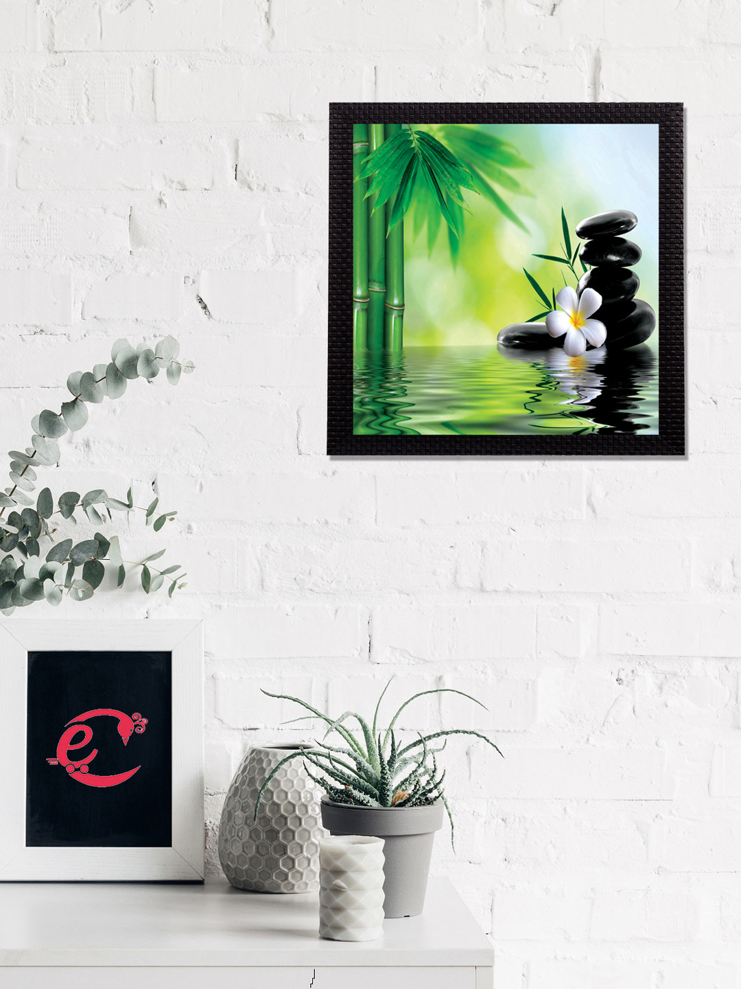 eCraftIndia Green & Black Water Lily Flower Satin Matt Texture UV Wall Art