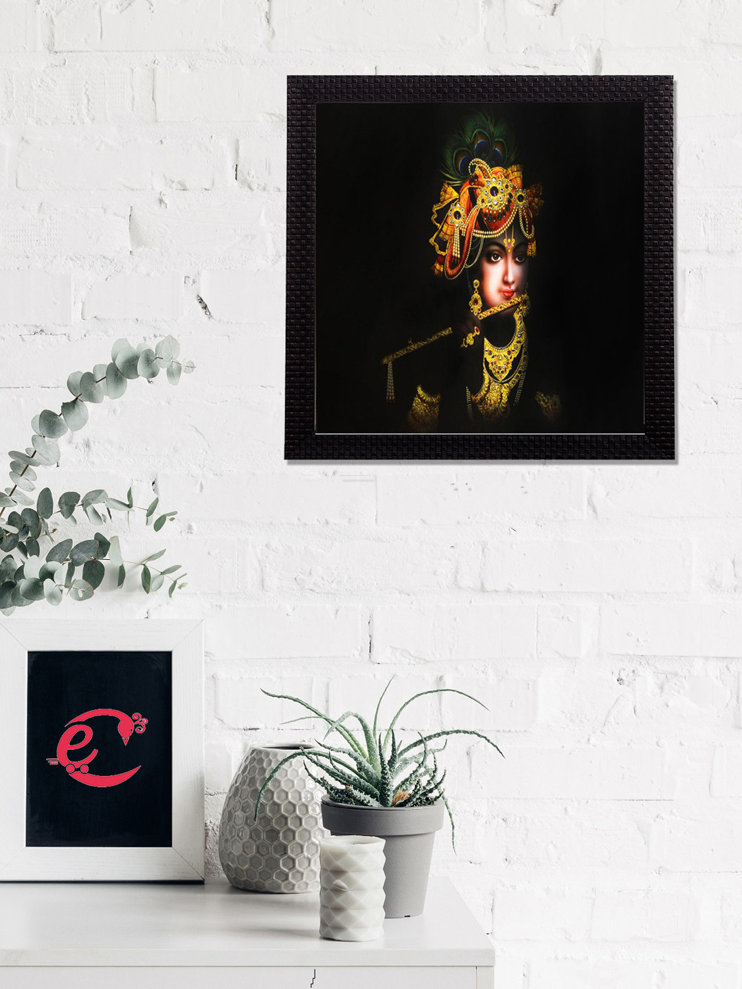 eCraftIndia Black & Gold-Coloured Lord Krishna Satin Matt Texture UV Wall Art