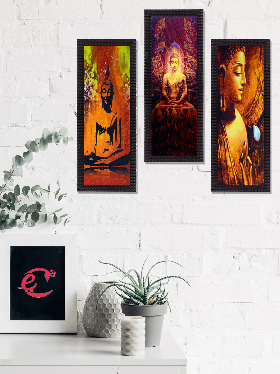eCraftIndia Set Of 3 Brown & Red Lord Buddha Satin Matt Texture UV Wall Art