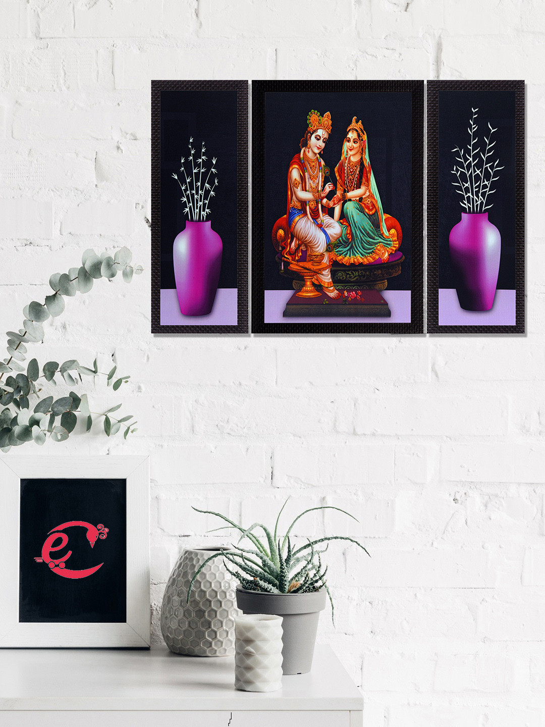 eCraftIndia Set Of 3 Black & Orange Lord Krishna Radha and Flowers Satin Matt Texture UV Wall Art