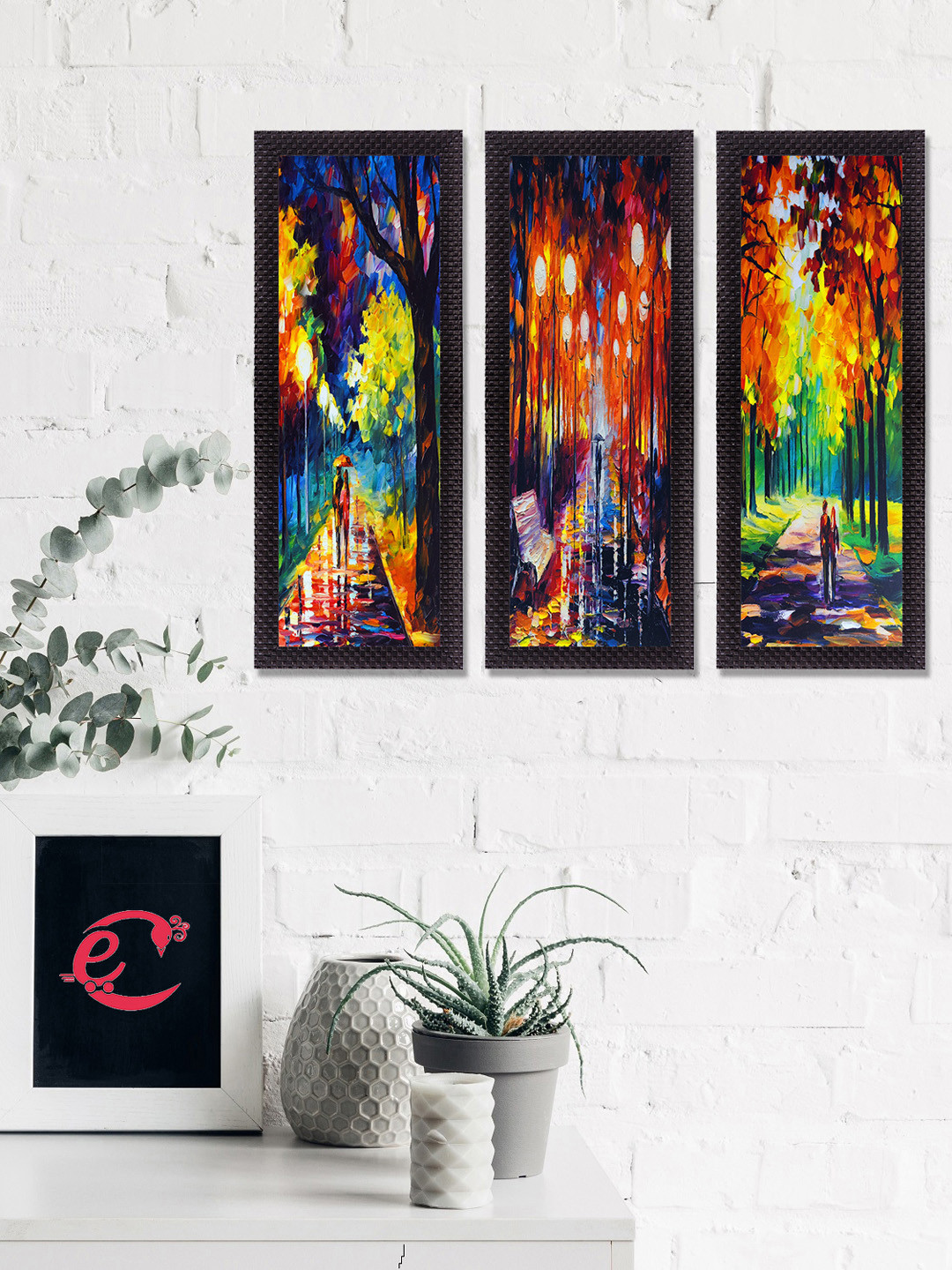 eCraftIndia Set Of 3 Green & Orange Beautiful Loving Couple Satin Matt Texture UV Wall Art