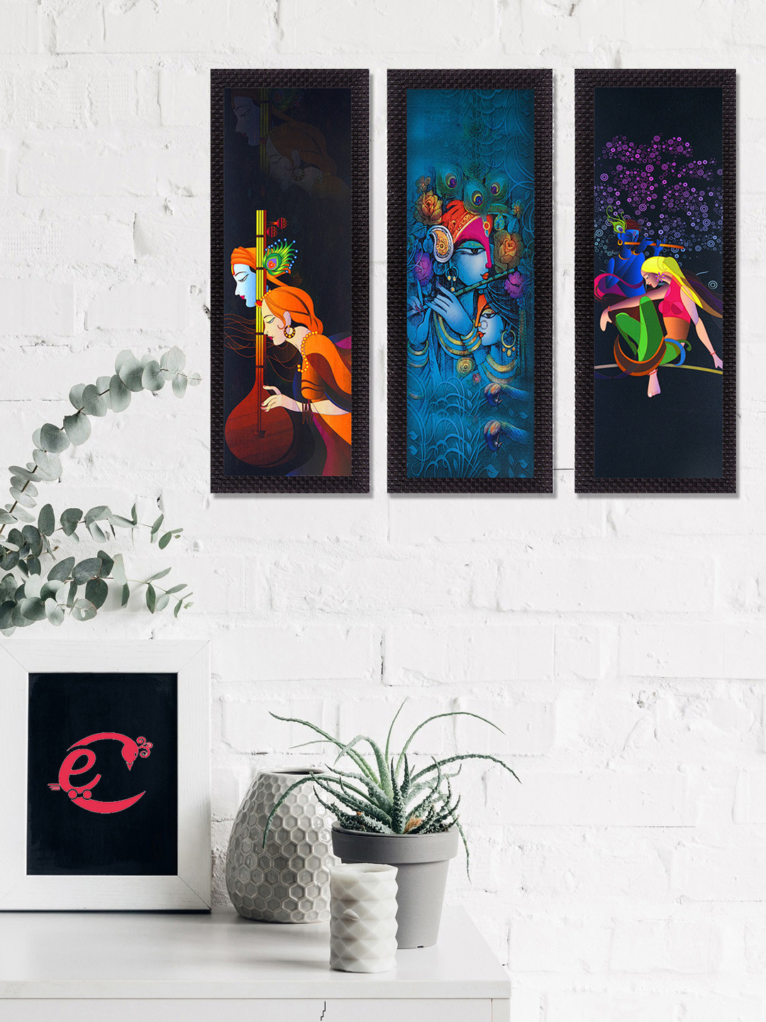 eCraftIndia Radha Krishna Paper 3 Piece Wall Rectangle Paintings Wall Art - 16 x 7In
