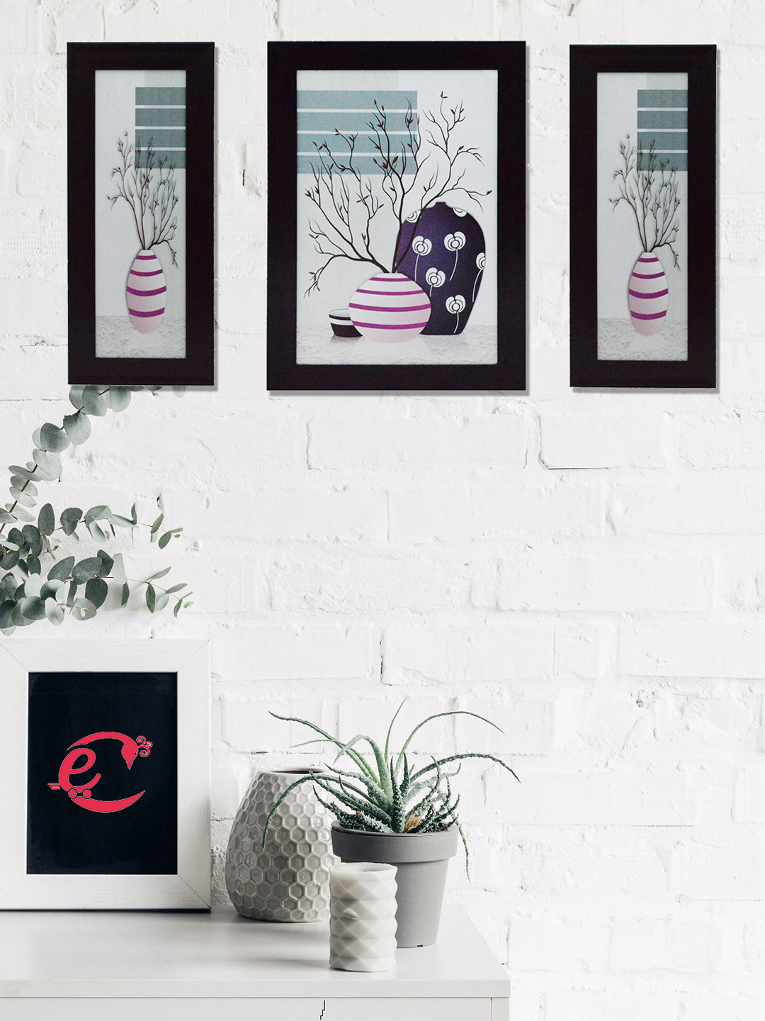 eCraftIndia Set Of 3 Off-White & Pink Botanical Satin Matt Texture UV Wall Arts