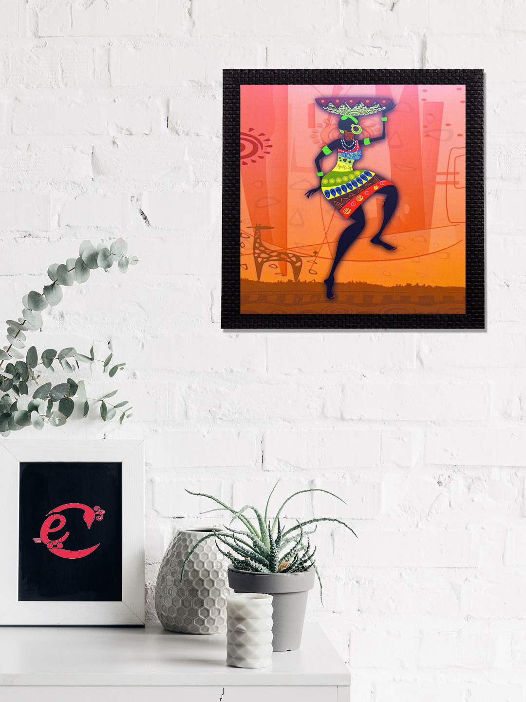 eCraftIndia Orange & Green Dancing Tribal Woman Satin Matt Texture UV Wall Art