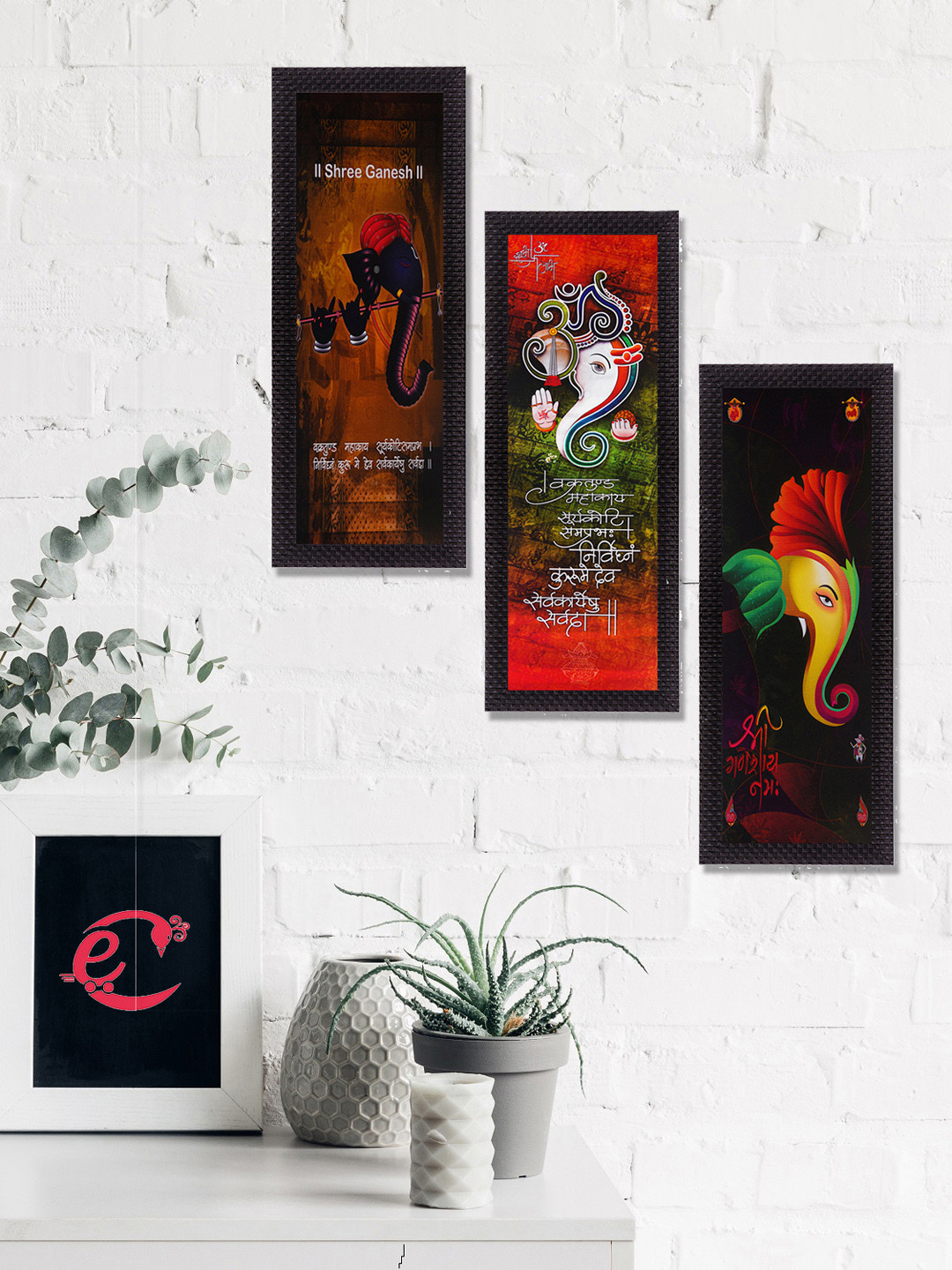 eCraftIndia Set Of 3 Brown & Red Lord Ganesha Satin Matt Texture UV Wall Art