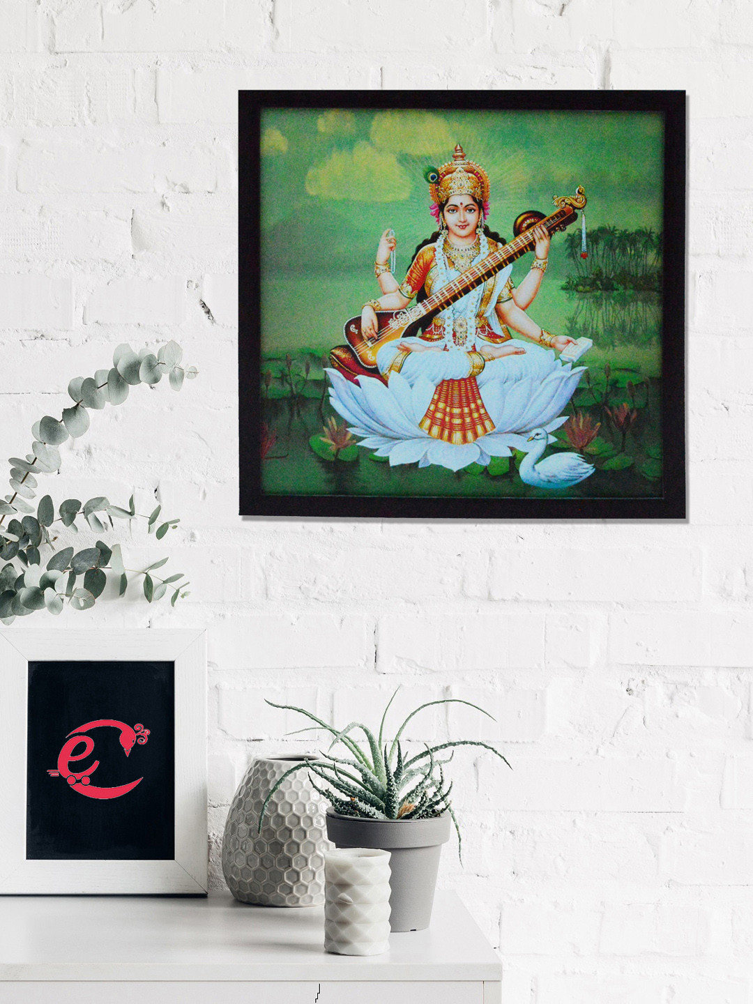 eCraftIndia Green & White Goddess Laxmi Satin Matt Texture UV Wall Art