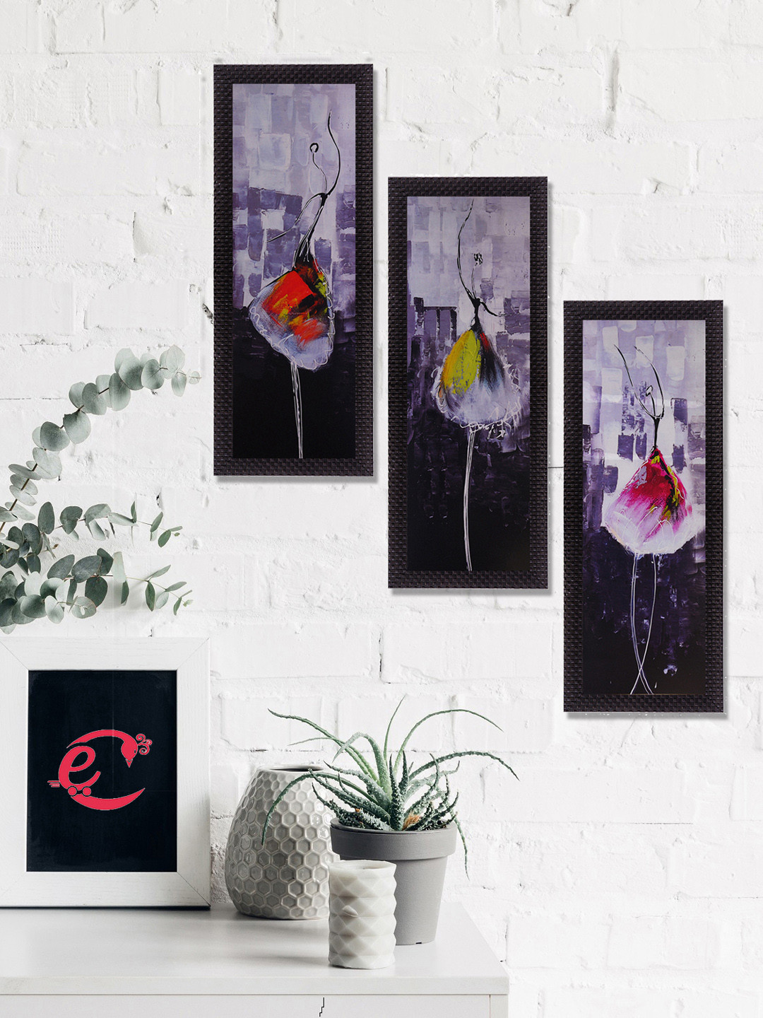 eCraftIndia Set Of 3 Purple & Black Dancing Girl Satin Matt Texture UV Wall Art