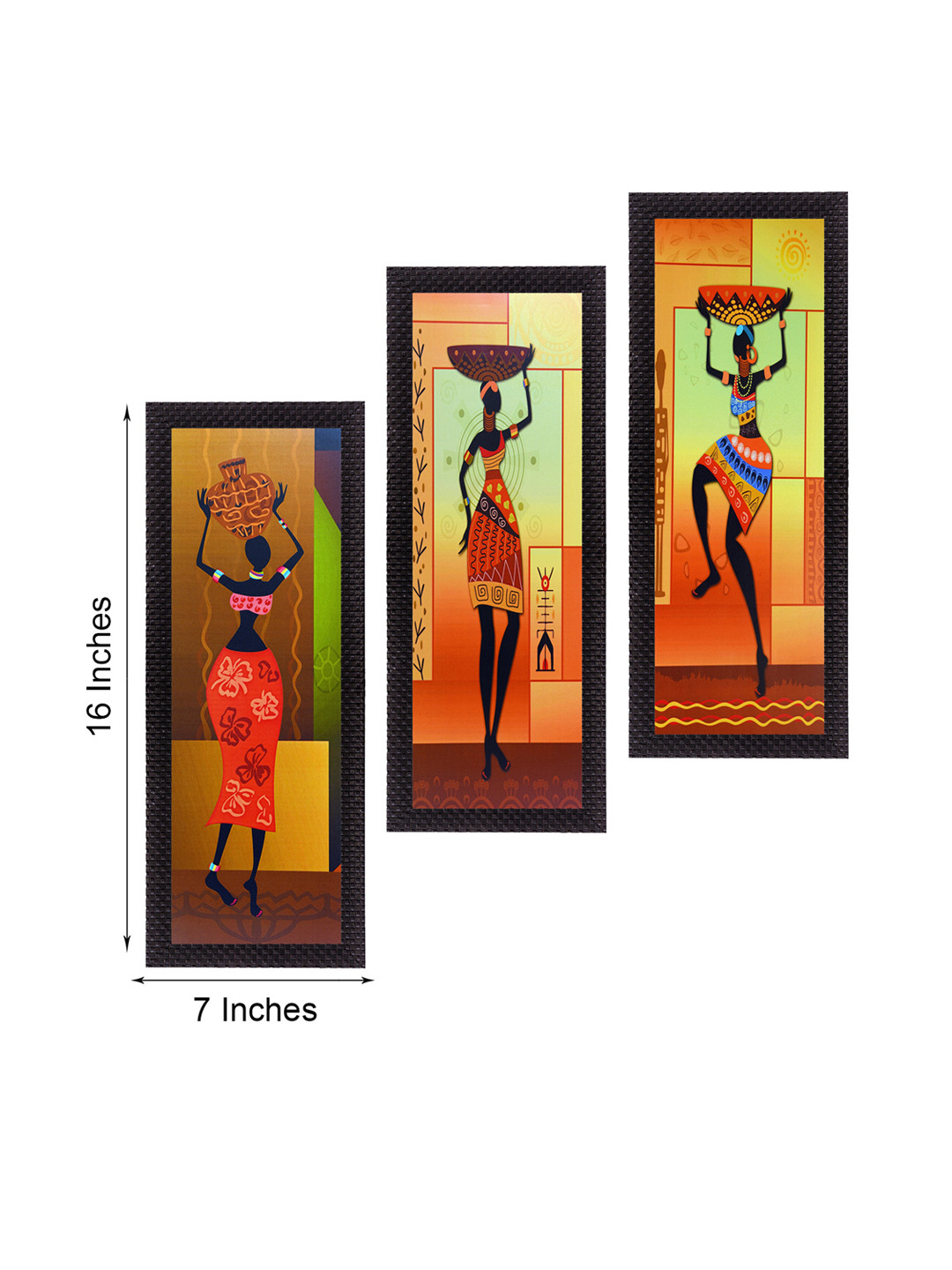 eCraftIndia Tribal Lady Synthetic Wood 3 Pcs Wall Rectangle Paintings Wall Art - 16x7In