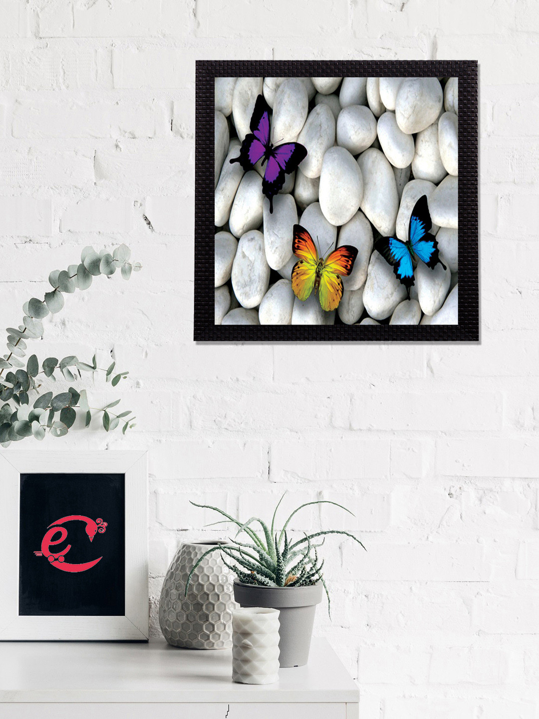 eCraftIndia White & Blue Butterfly On Stones Satin Matt Texture UV Wall Art