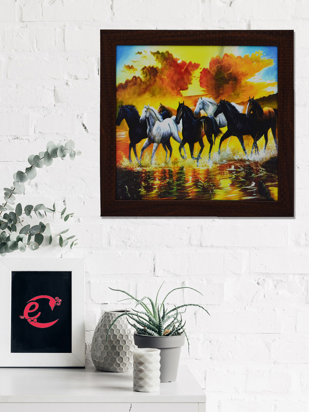 eCraftIndia Blue & White Running Lucky Horses Satin Matt Texture UV Wall Art