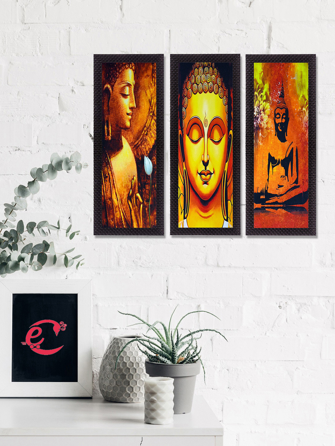 eCraftIndia Lord BuddhaMDF 3 Piece Wall Rectangle Paintings Wall Art - 7 x 16In