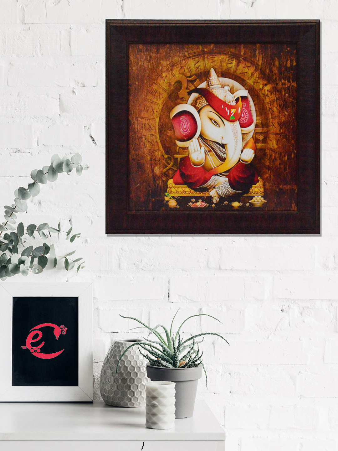 eCraftIndia Red & Brown Lord Ganesha Satin Matt Texture UV Wall Art