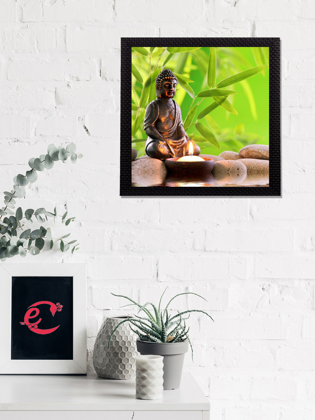 eCraftIndia Green & Brown Lord Buddha With Candle Satin Matt Texture UV Wall Art