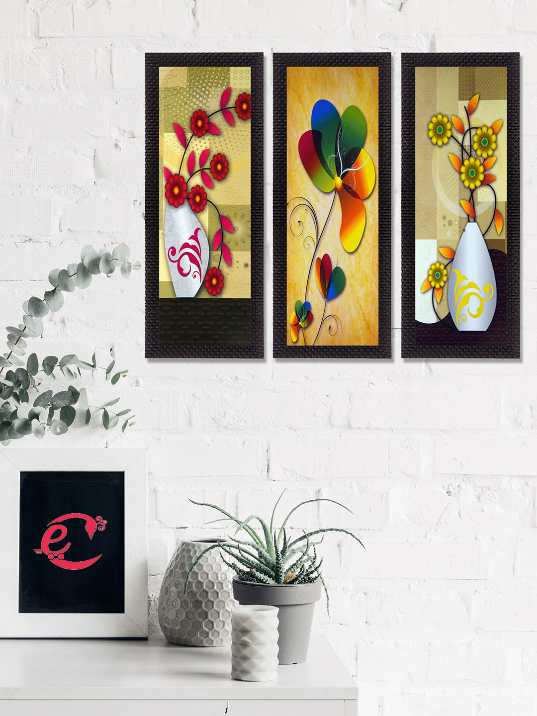 eCraftIndia Set Of 3 Yellow & Red Botanical Floral Pots Satin Matt Texture UV Wall Art