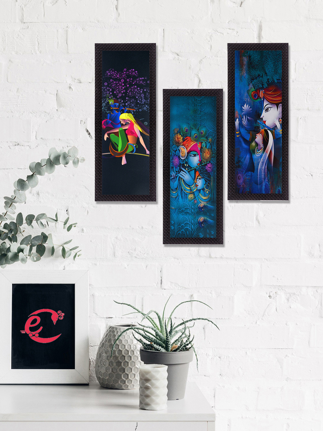 eCraftIndia Set Of 3 Red & Blue Radha Krishna Satin Matt Texture UV Wall Art