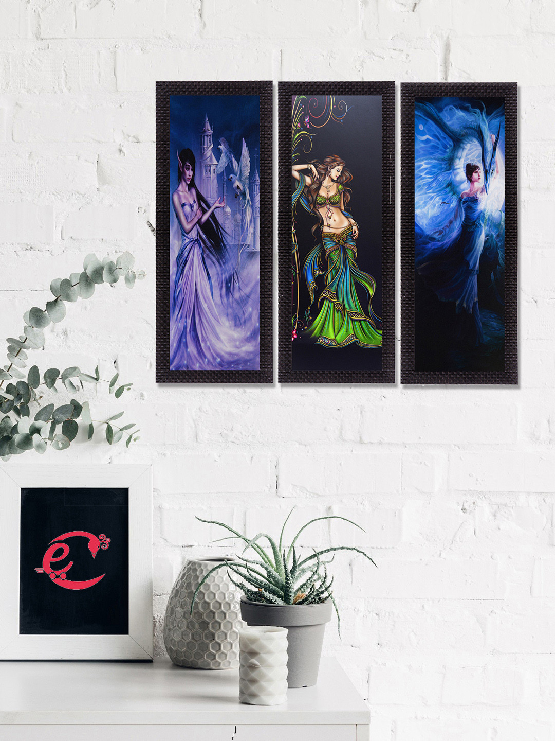 eCraftIndia Beautiful Angels MDF 3 Piece Wall Rectangle Paintings Wall Art - 7 x 16In