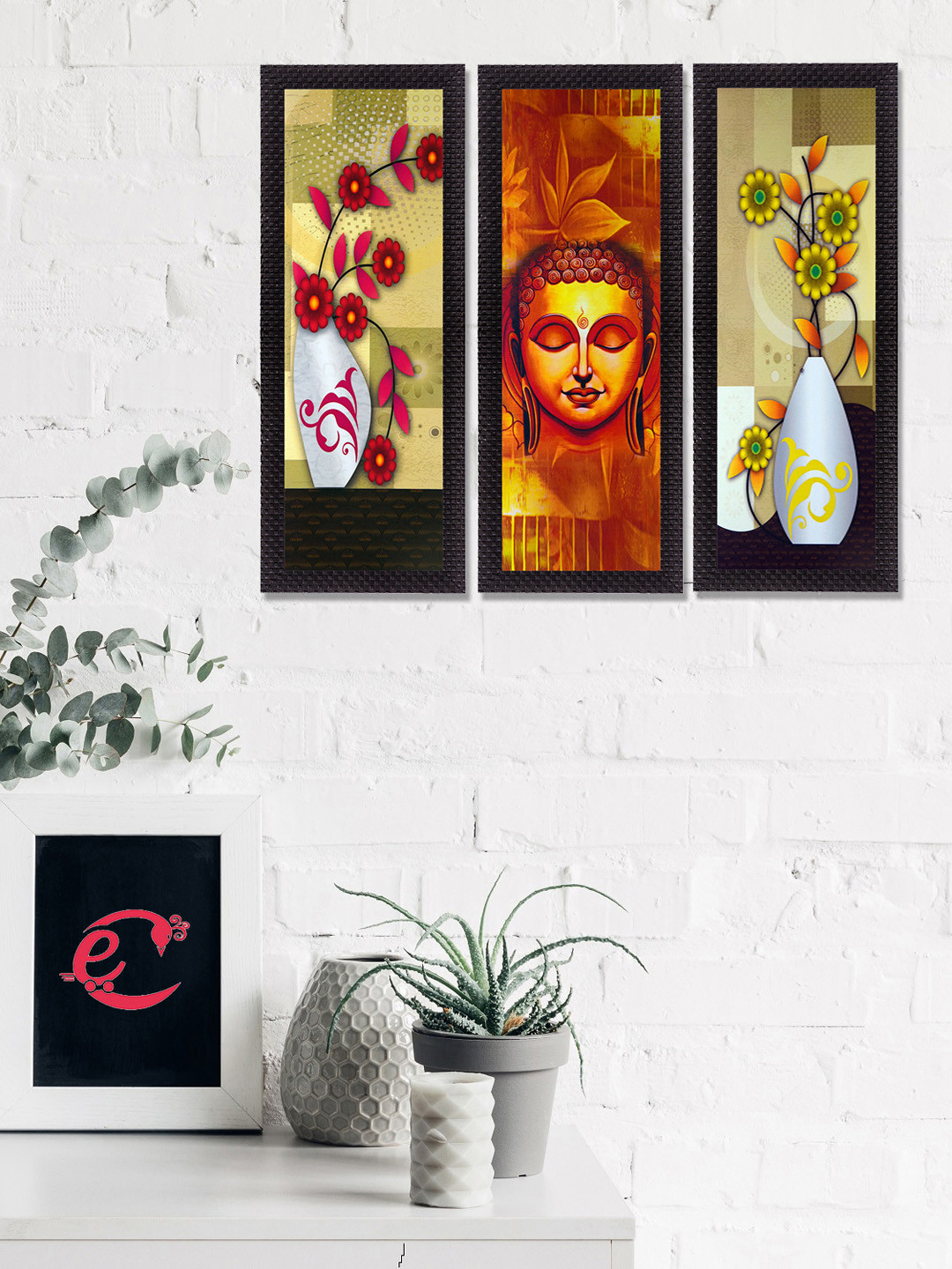 eCraftIndia Set Of 3 Orange & Yellow Lord Buddha and Botanical Floral Satin Matt Texture UV Wall Art