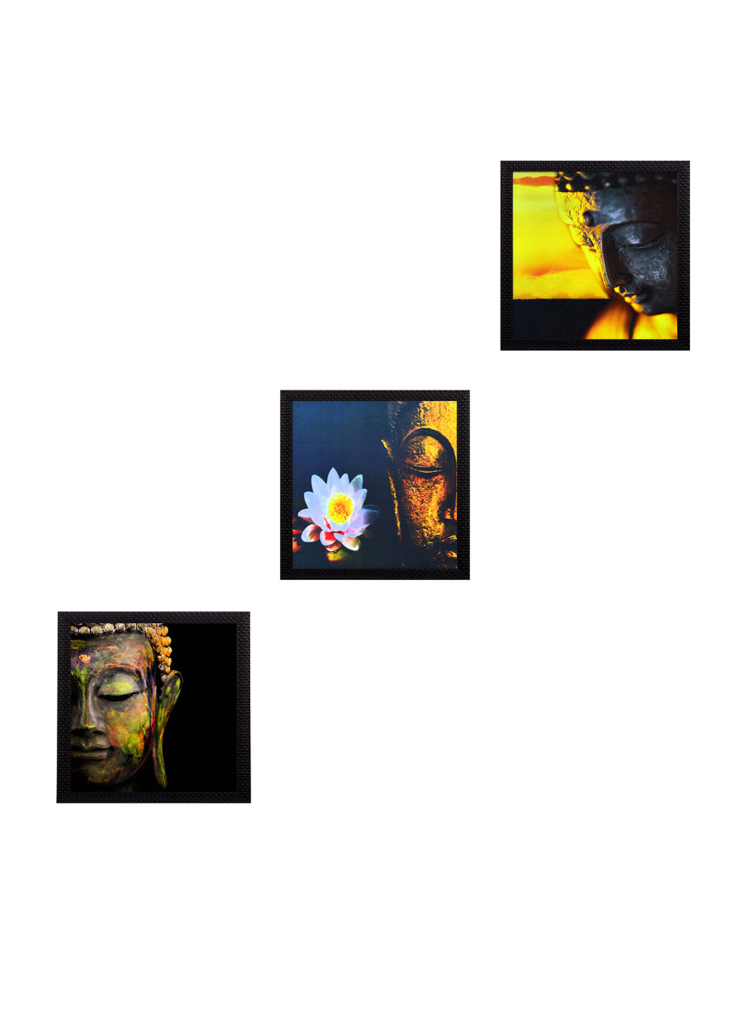 eCraftIndia Set Of 3 Yellow & Black Meditating Buddha Satin Matt Texture UV Wall Art