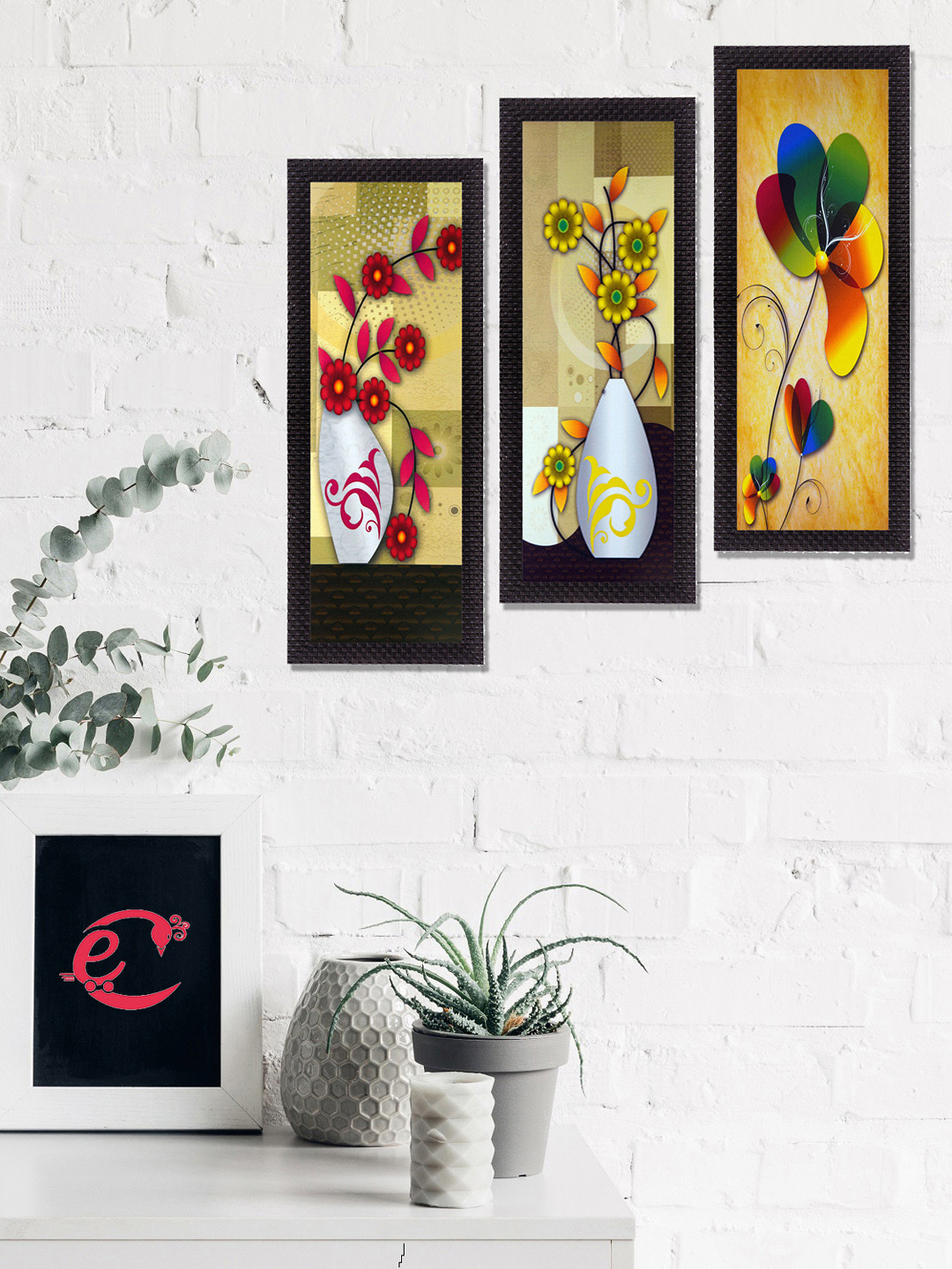 eCraftIndia Set Of 3 Yellow & Red Decorative Floral Botanical Pot Satin Matt Texture UV Wall Art