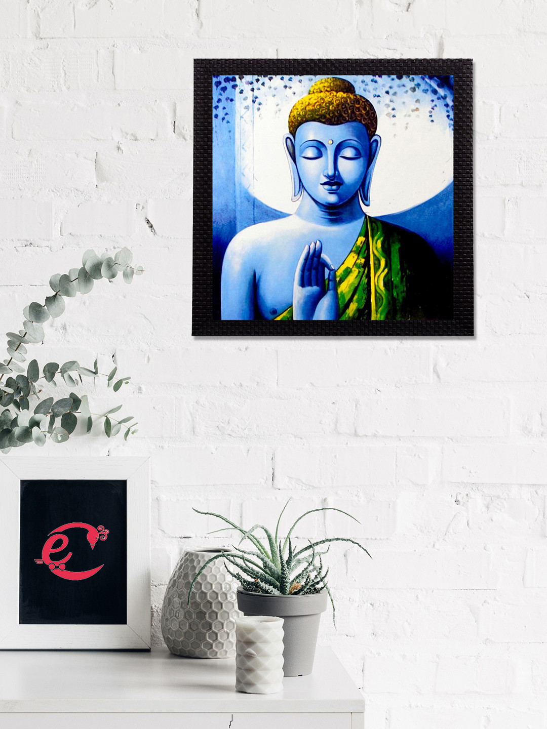eCraftIndia Green & Blue Meditating Lord Buddha Satin Matt Texture UV Wall Art
