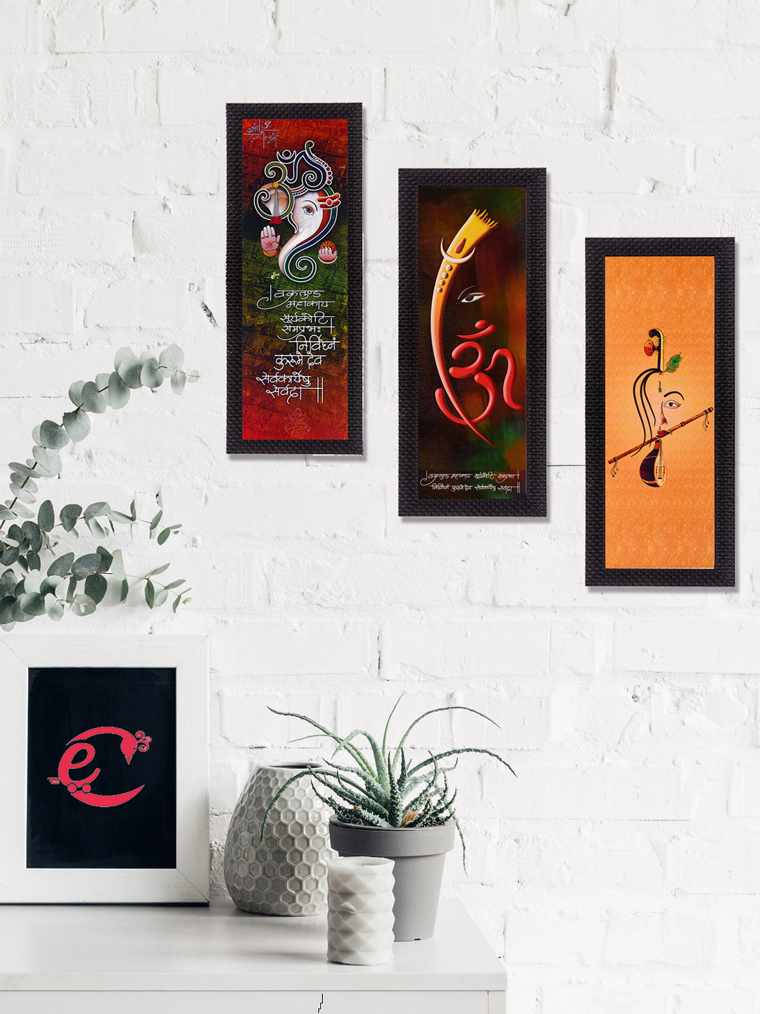 eCraftIndia Set Of 3 Maroon & Orange Ganesha Krishna & Lord Buddha Satin Matt Texture UV Wall Art