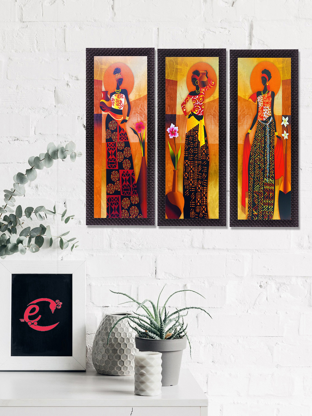 eCraftIndia Set Of 3 Orange & Red Tribal Village Ladies Satin Matt Texture UV Wall Art