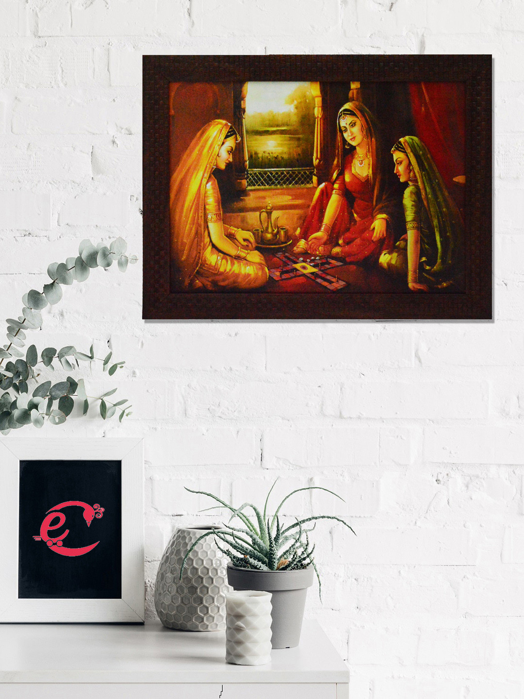eCraftIndia Yellow & Red Women Playing Game Satin Matt Texture UV Wall Art