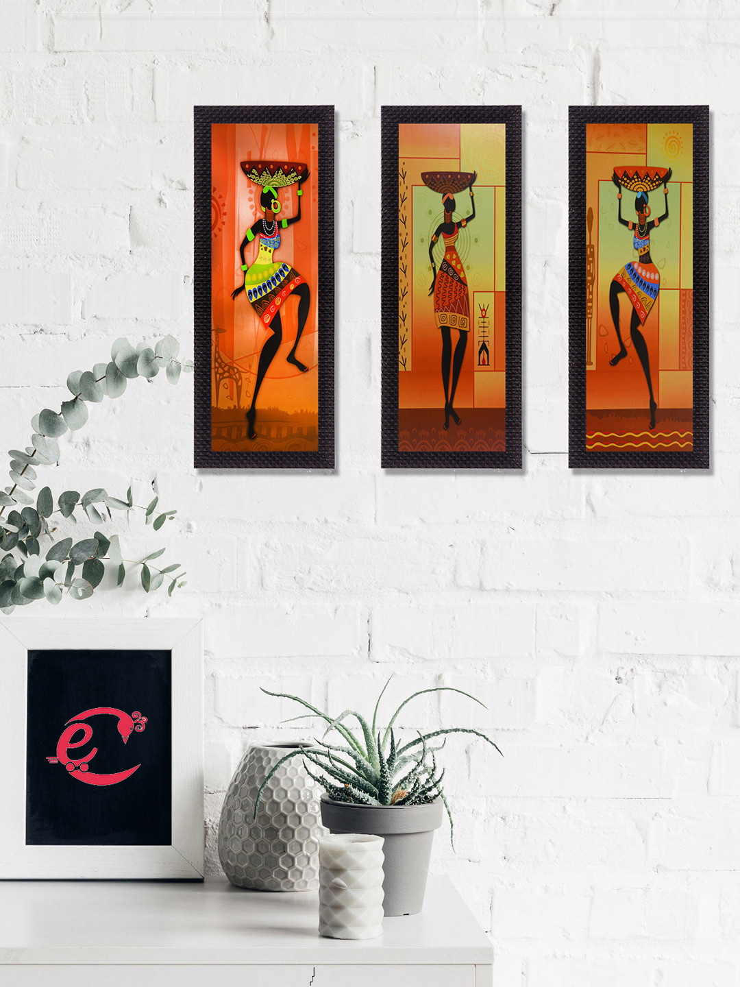 eCraftIndia Set Of 3 Orange & Green Tribal Women Figurine Satin Matt Texture UV Wall Art