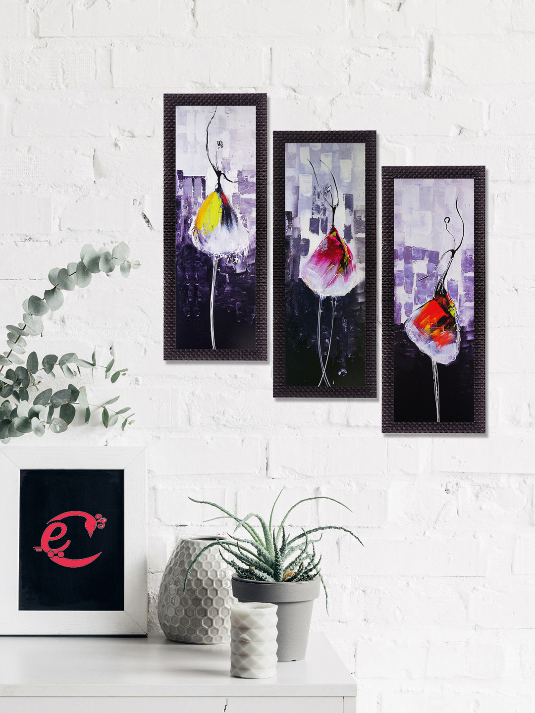 eCraftIndia Purple 3 Pcs Wall Home Office Rectangle Paintings Wall Art -15.7 x 6.69In