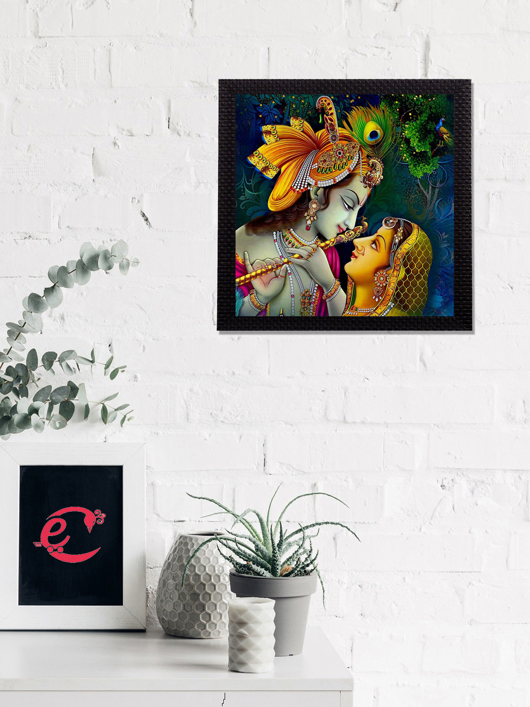 eCraftIndia Gold-Coloured & Blue Musical Krishna Radha Satin Matt Texture UV Wall Art