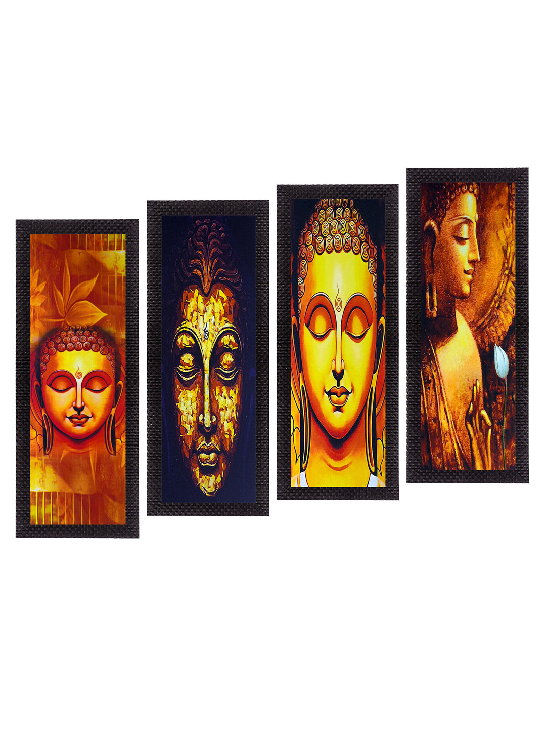 eCraftIndia Set Of 4 Orange & Yellow Lord Buddha Satin Matt Texture UV Wall Art