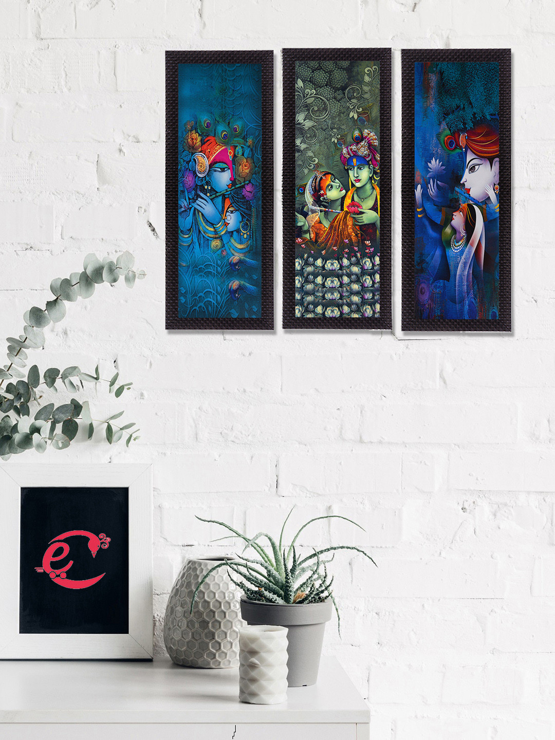 eCraftIndia Set Of 3 Blue & Green Radha Krishna Satin Matt Texture UV Wall Art