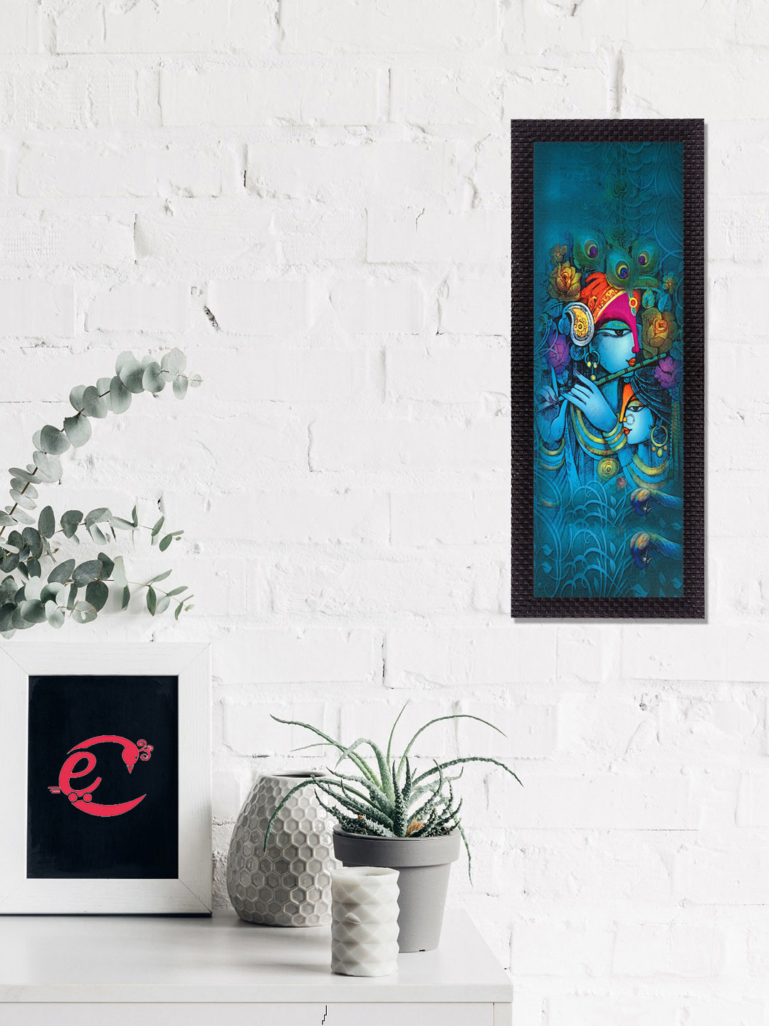 eCraftIndia Teal Blue Lord Krishna Satin Matt Texture UV Wall Art