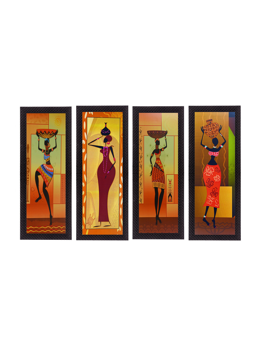 eCraftIndia Set Of 4 Brown & Red Tribal Women Satin Matt Texture UV Wall Art