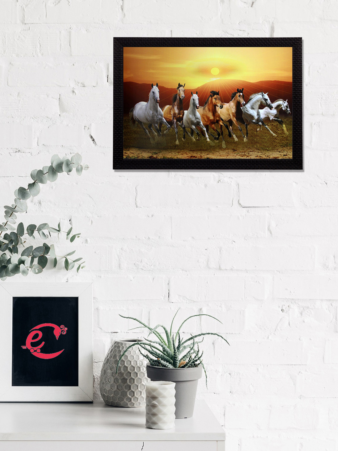 eCraftIndia White & Yellow Running Horses Satin Matt Texture UV Wall Art